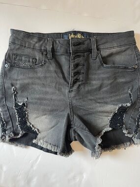 Indigo Rein Women's Charcoal Gray Distressed Denim Shorts stretch